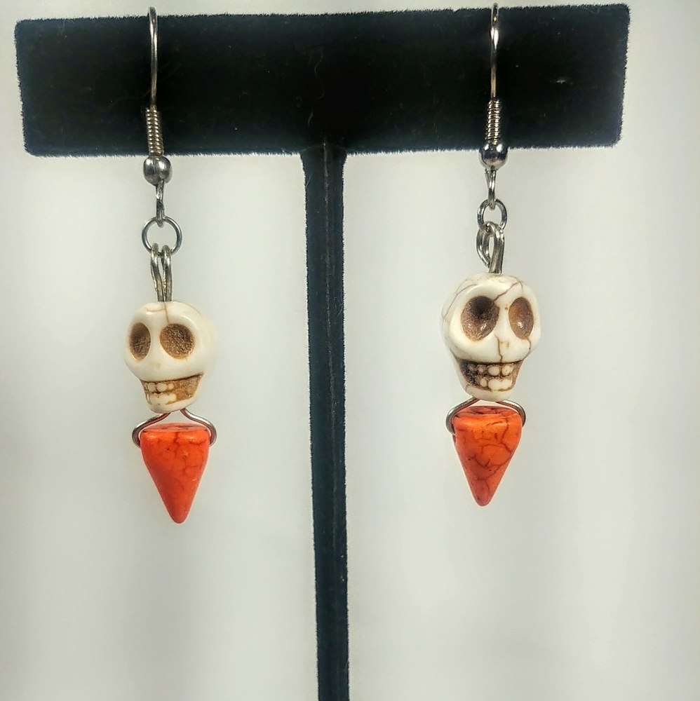 Skull earrings White & Orange Spike Stone Bead